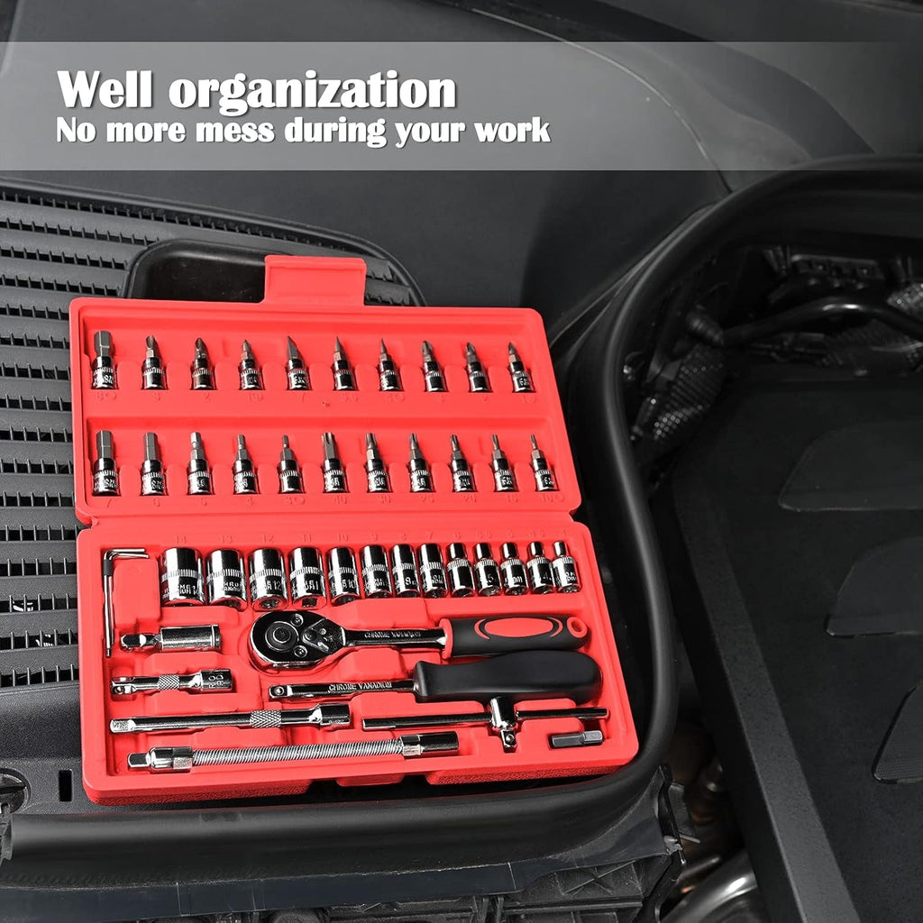 46 Pieces 1/4" Drive Socket Set&Tool Sets, Ratchet Wrench Set with Bit Socket Set Metric and Extension Bar for DIY, Car Repair and Household with Storage Case