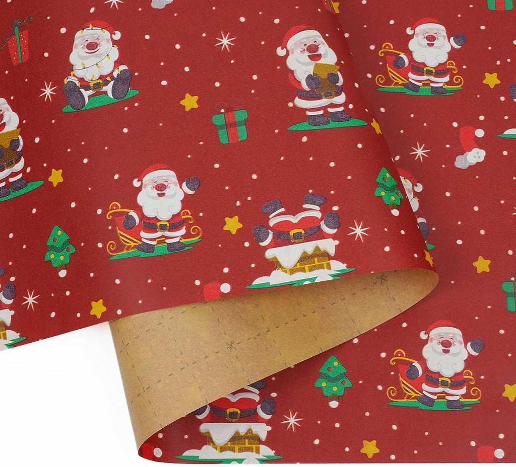 16M Red Gift Wrapping Paper Roll, 43Cm Recyclable Kraft Paper Print with Santa Claus for Christmas, Birthday, Baby Shower, Party Gift Decoration