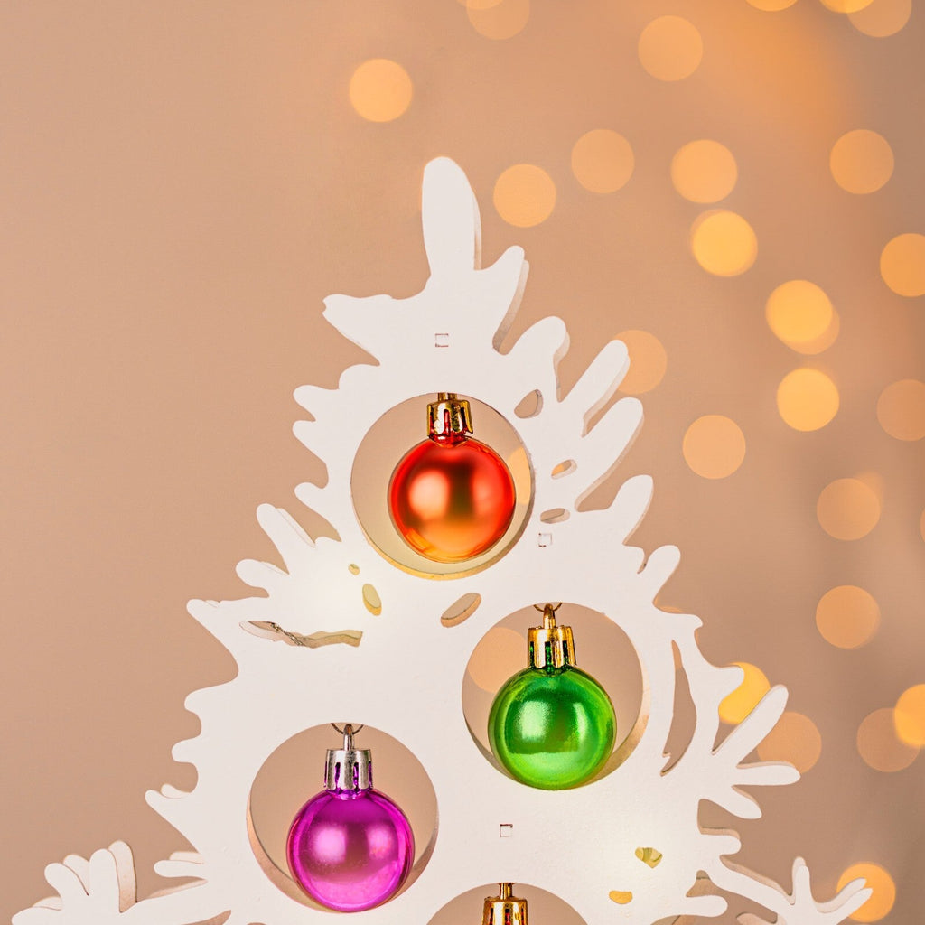 Christmas Tree Wooden Decoration with Baubles Light up Ornament White Small Xmas