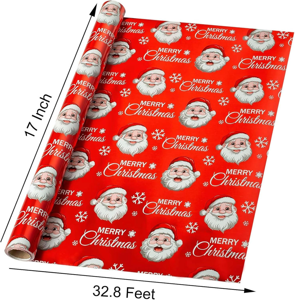 Christmas Wrapping Paper Roll - 43Cm X 10M Red White Metallic Foil Shine Cute Present Packing Paper - Santa Claus/Snowflakes/Merry Christmas Lettering Design