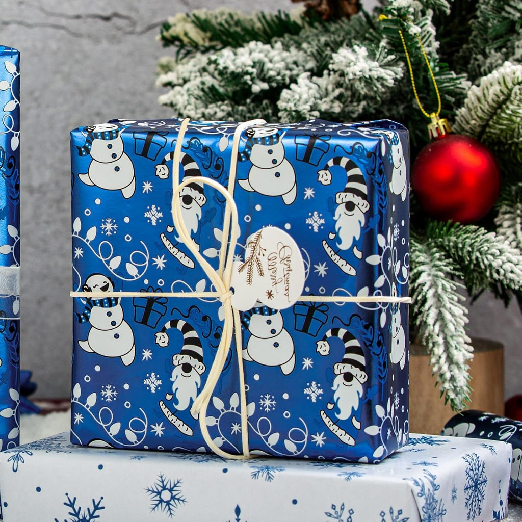 Christmas Wrapping Paper - Mini Roll - Funny Snowman and Snowflake Pattern Blue Reversible Gift Wrap for Winter Holiday Festive Celebration - 43Cm X 10M