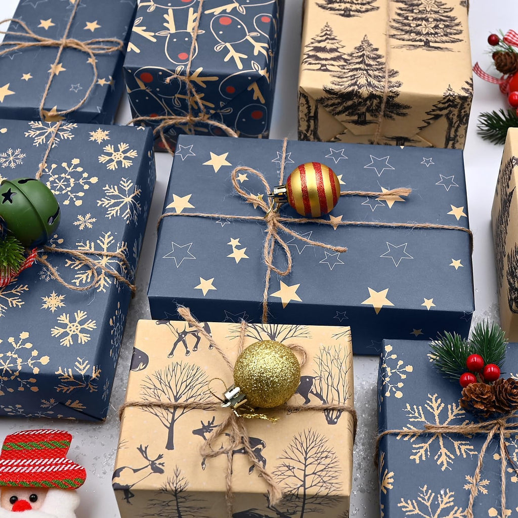 5Pack Christmas Wrapping Paper in a Roll,43 * 100Cm Recyclable Wrapping Paper with 5 Different Patterns for Xmas