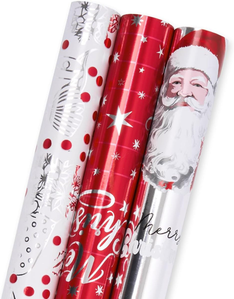 3 Rolls Gift Wrapping Paper for Christmas : 43Cm X 3M Red White Metallic Glitter Foil Wrapping Paper, for Christmas, Birthday, Wedding, Party, Festival Gift Wrap