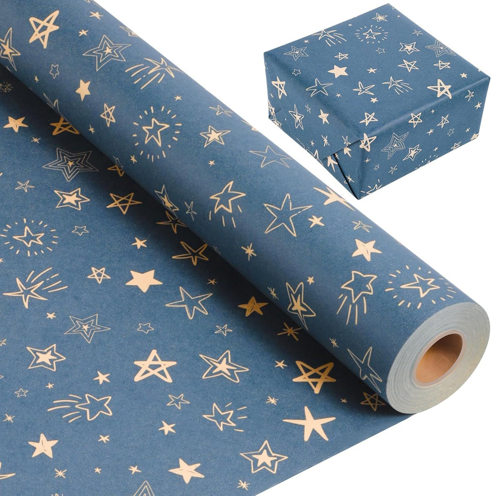 25M X 43Cm Gift Kraft Wrapping Paper Roll, Star Blue Birthday Wrapping Paper for Birthday Gift Wrap Wedding Baby Shower Party