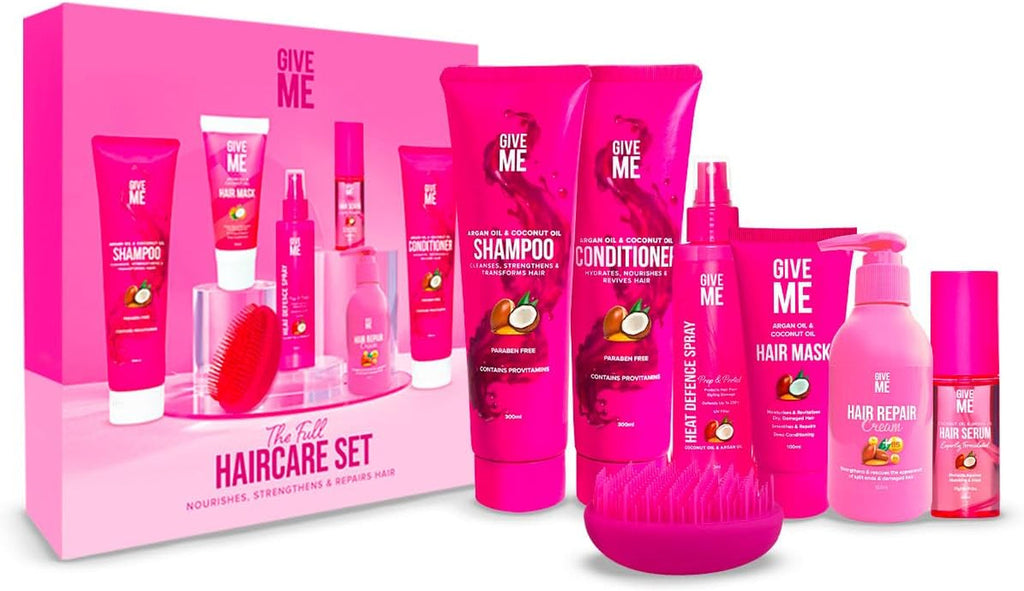 Cosmetics, Shampoo and Conditioner Sets, with Hair Mask, Heat Defence Spray, Repair Cream, Serum, Detangle Hairbrush, Argan & Coconut Oil, Paraben Free, Haircare Gift Set