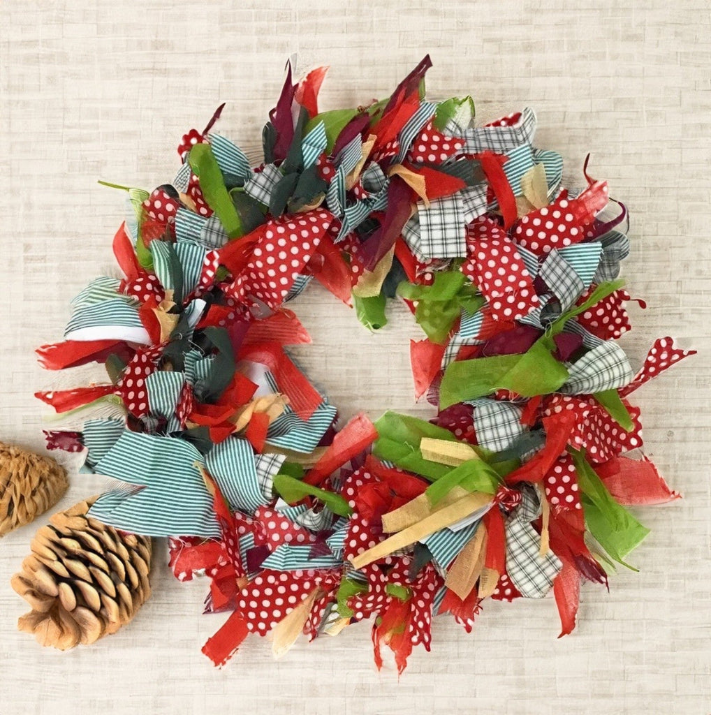 Christmas Wreath Multi Colour Recycled Fabric Wreaths round 30 Cm X 30 Cm