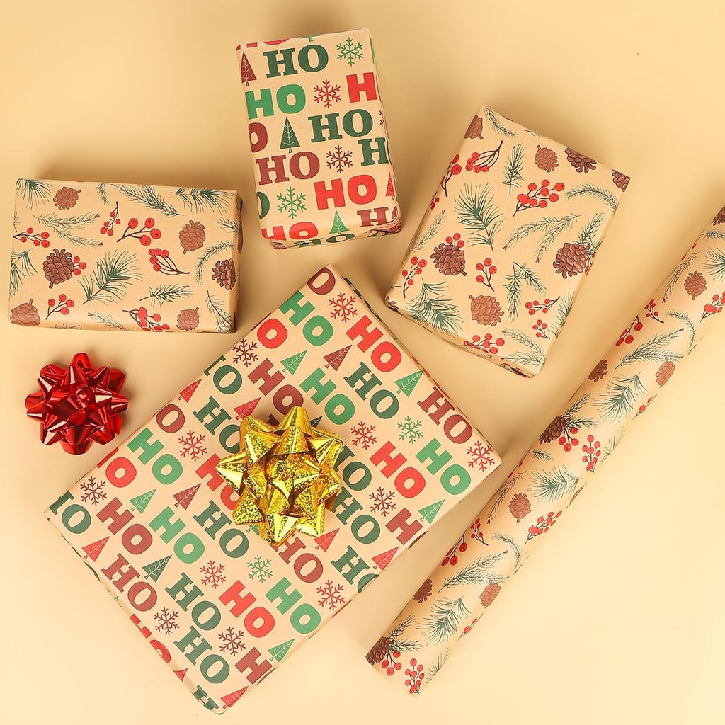 20M Christmas Wrapping Paper- 2 Roll 43Cm X 10M Kraft Gift Wrapping Paper -Durable Mini Roll -Surprises Gift Wrap Pack for Christmas New Year Party Supplies (Multi)