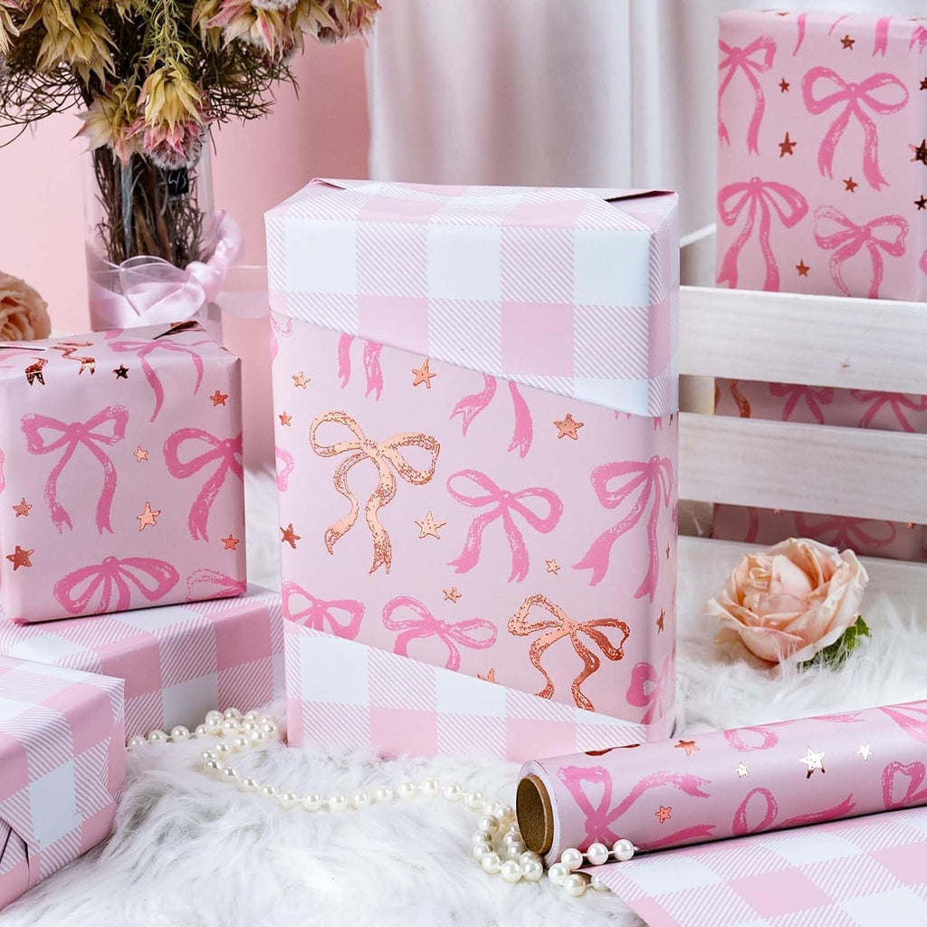 Cute Wrapping Paper, Pink Bow and Plaid Design Reversible Gift Wrap Paper Roll for Valentines Day, Mothers Day, Wedding, Baby Girl Birthdays, Christmas - 43Cm X 10M