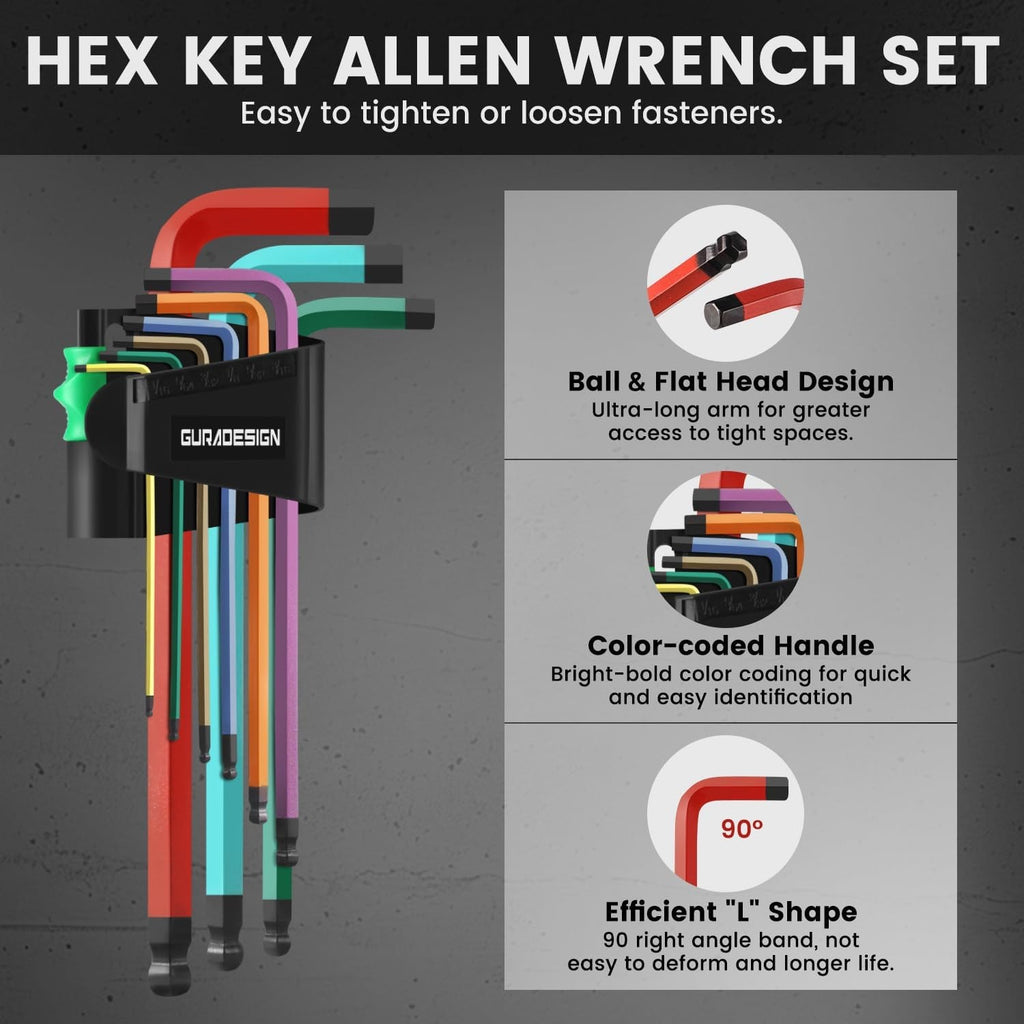 19-Piece Allen Key Set, Hex Key Set,Metric and SAE Alan Keys Sets Extra Long with Ball End T-Handle, Mm(1.5Mm-10Mm),Sae(5/64"-3/8") Chrome Vanadium Steel