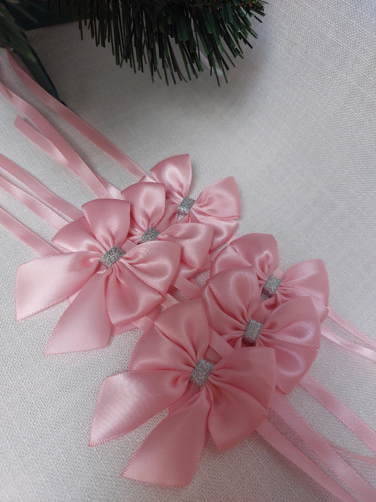 6 X Christmas Tree Ribbon Decoration Bows Pink Satin Silver 6 Cm Small Bows