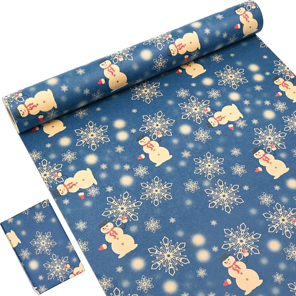 Wrapping Paper Roll, Roll of Christmas Gift Wrapping Paper Recyclable Kraft Paper, 15M X 43Cm Navy Blue Paper Printed with Star Snowflake Snowman for Christmas Gift Wrapping Party Decoration