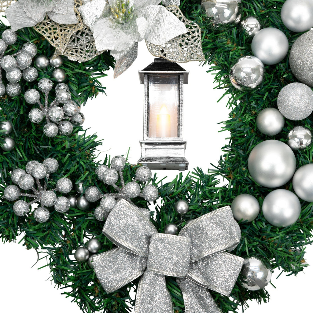 Artificial LED Christmas Wreath Pine Green Decorative Hanging Xmas Door 40Cm Bow