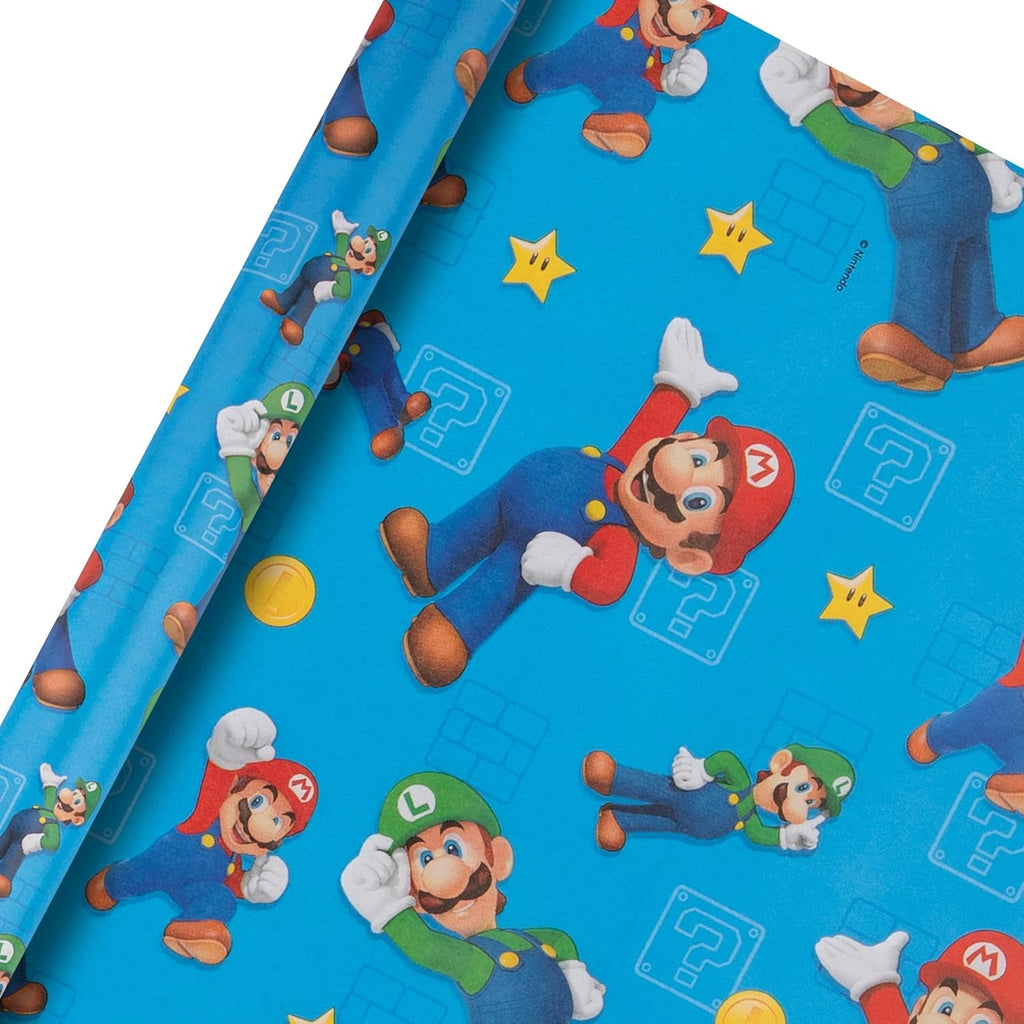 6M Wrapping Paper, Pack of 3, Super Mario Bros., Mario & Luigi, 2M Each, Birthday, Christmas, Blue