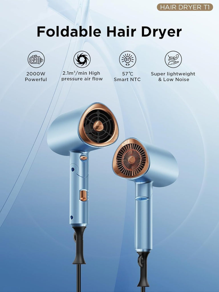 Foldable Ionic Hair Dryer 2000W Professional Blow Dryer with 2 Speed 3 Heat, Cool Shot, Diffuser & Concentrator, Styling Combs, for Men & Women, Blue