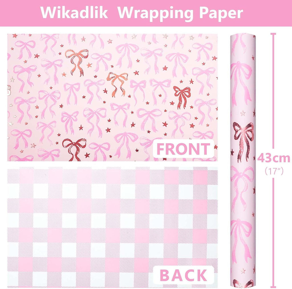 Cute Wrapping Paper, Pink Bow and Plaid Design Reversible Gift Wrap Paper Roll for Valentines Day, Mothers Day, Wedding, Baby Girl Birthdays, Christmas - 43Cm X 10M