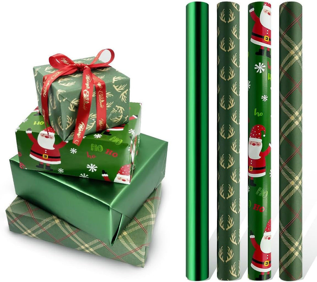 Green Gift Wrapping Paper Rolls, 4 Rolls 43Cm*3 Meter Christmas Wrapping Paper Roll,Suitable for Xmas, Birthday, Party,Wedding,Baby Shower,Festival Gift Decorations