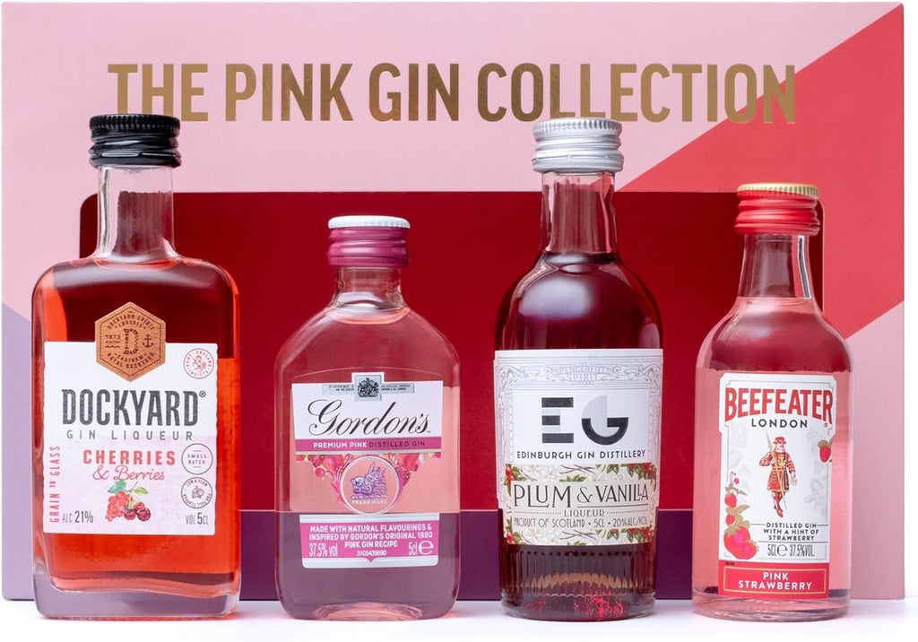 Pink Gin Gift Set - Gin Gifts for Women, 4X5Cl Beefeater Pink Strawberry, Gordons, Edinburgh Plum & Vanilla, Dockyard Cherries & Berries Flavoured Liqueur, Womens Alcohol Gifts, Birthday
