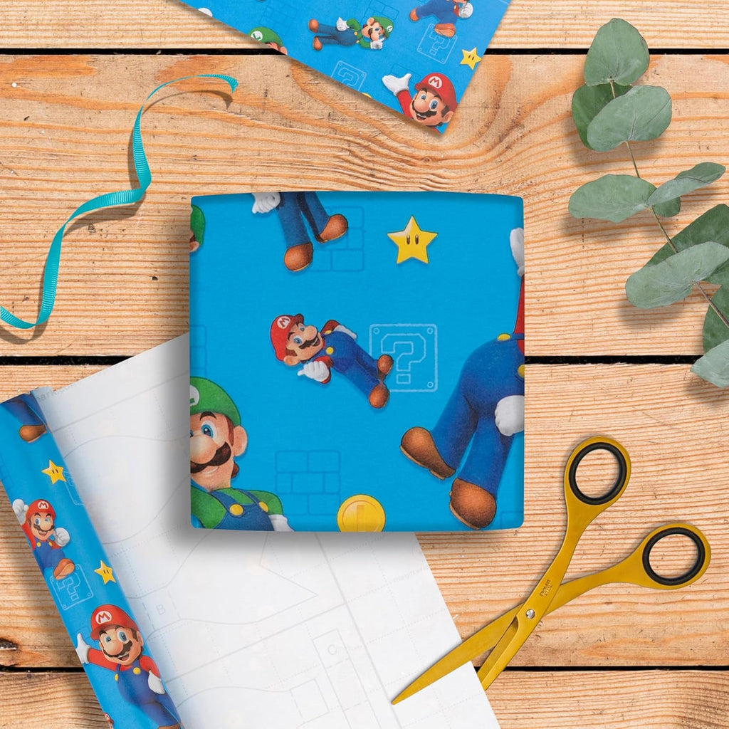 6M Wrapping Paper, Pack of 3, Super Mario Bros., Mario & Luigi, 2M Each, Birthday, Christmas, Blue