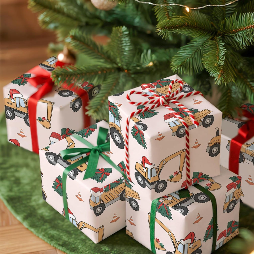 Christmas Car Wrapping Paper Roll for Boys, Mini Roll, Cute Construction Trucks with Santa Hat, Christmas Tree and Gifts Design Gift Wrap for Kids Party, 43.2Cm X 5M