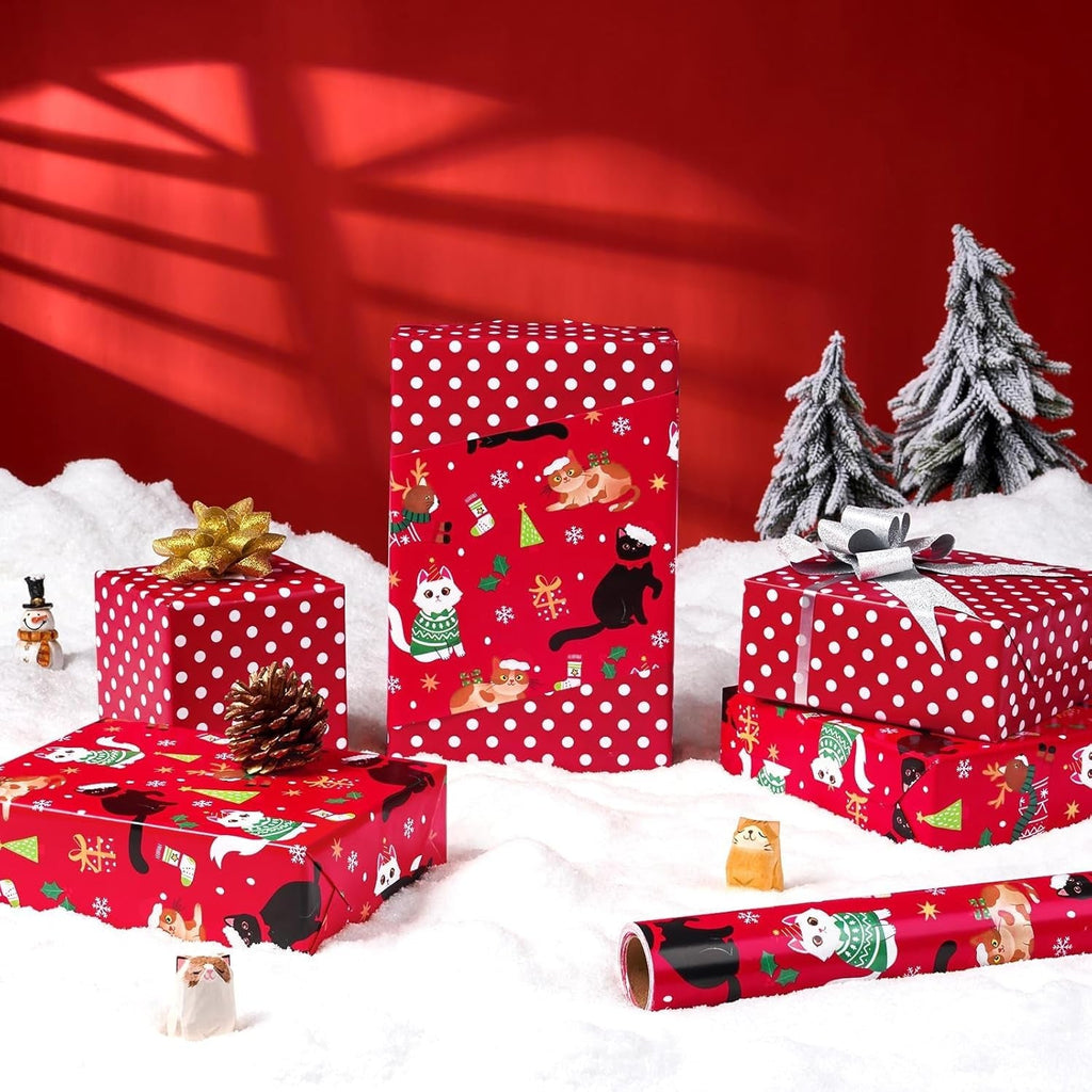 Christmas Cat Wrapping Paper - 1 Roll, 17” X 33 Ft, Red, Reversible Kitty Wrap Paper for Kids & Adults, Xmas Gift & Holiday Favor