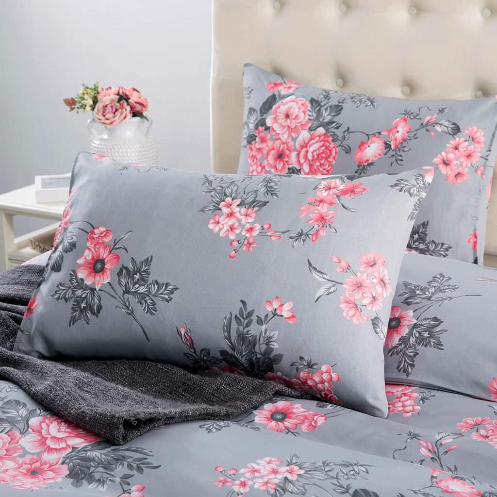 King Size Duvet Cover Sets Soft Printed Luxury Bedding Set Brushed Microfiber Duvet Covers with Pillowcases (Grey Bouquet 230X220 CM)