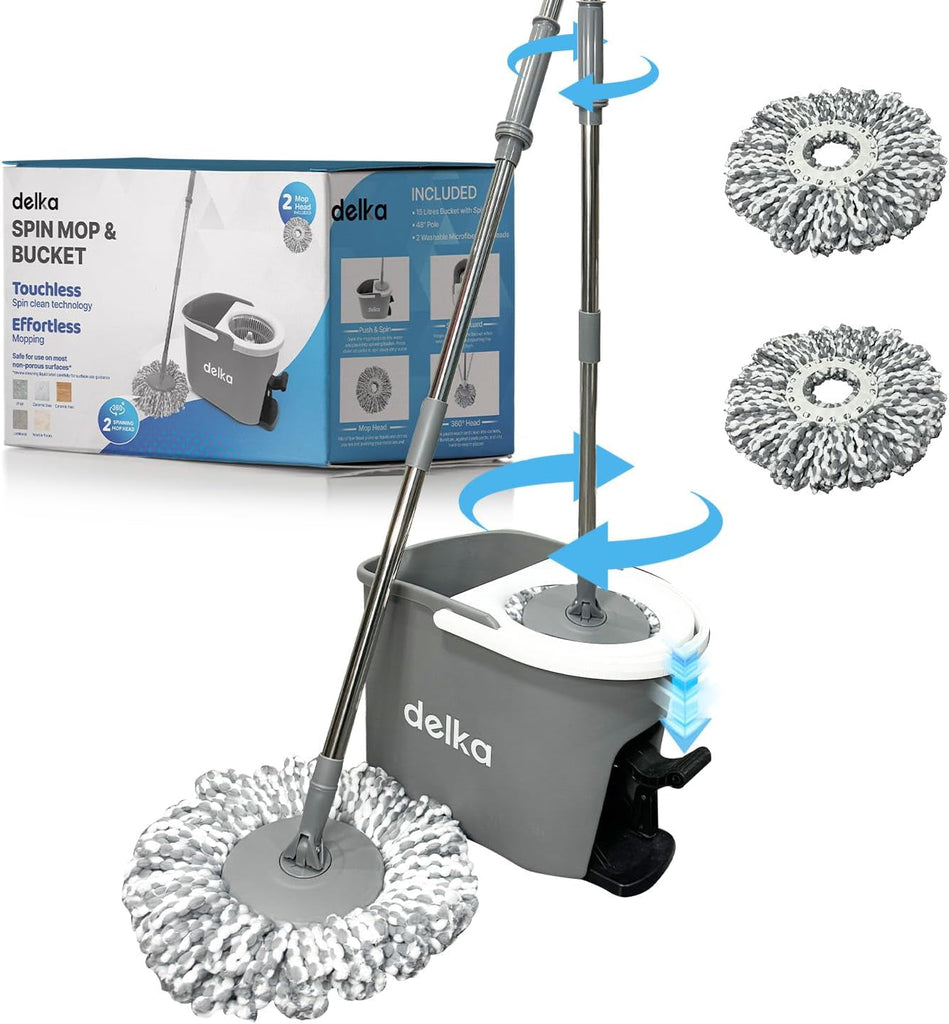 Spin Mop and Bucket Set – Easy Foot Pedal Water Removal, 360° Swivel Motion, Includes 2 Microfibre Mop Heads, All-Surface Cleaning, Splash Guard for Clean Mopping – Mop and Buckets Sets