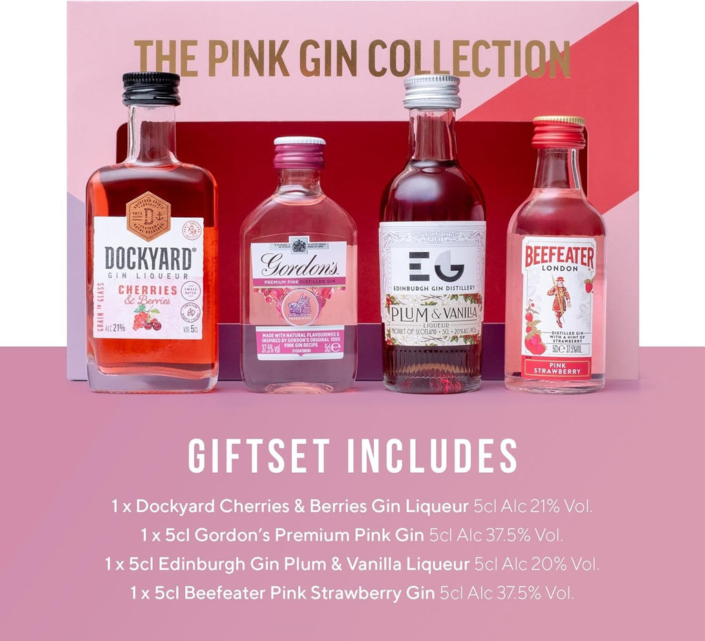 Pink Gin Gift Set - Gin Gifts for Women, 4X5Cl Beefeater Pink Strawberry, Gordons, Edinburgh Plum & Vanilla, Dockyard Cherries & Berries Flavoured Liqueur, Womens Alcohol Gifts, Birthday