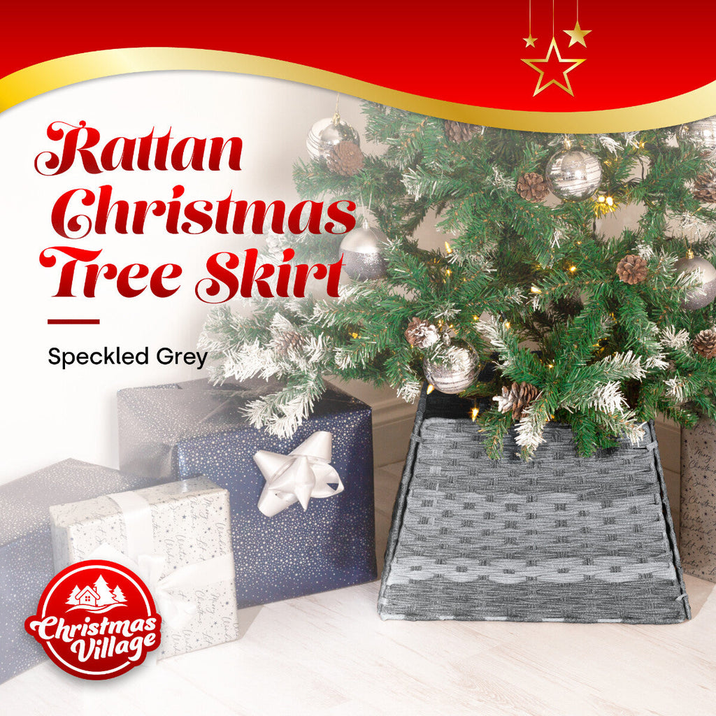 Xmas Christmas Tree Rattan Wicker Skirt Stand Base Basket Cover Tidy Decor Grey