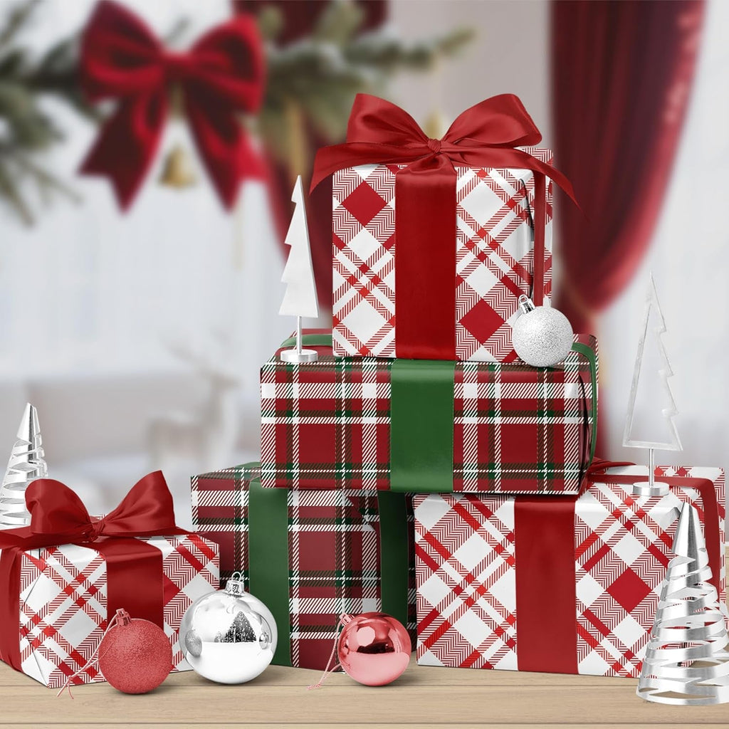 Reversible Christmas Wrapping Paper Roll, Classic Red & White Plaid Gift Wrap for Christmas, Holiday, Winter Party, 43Cm X 10M