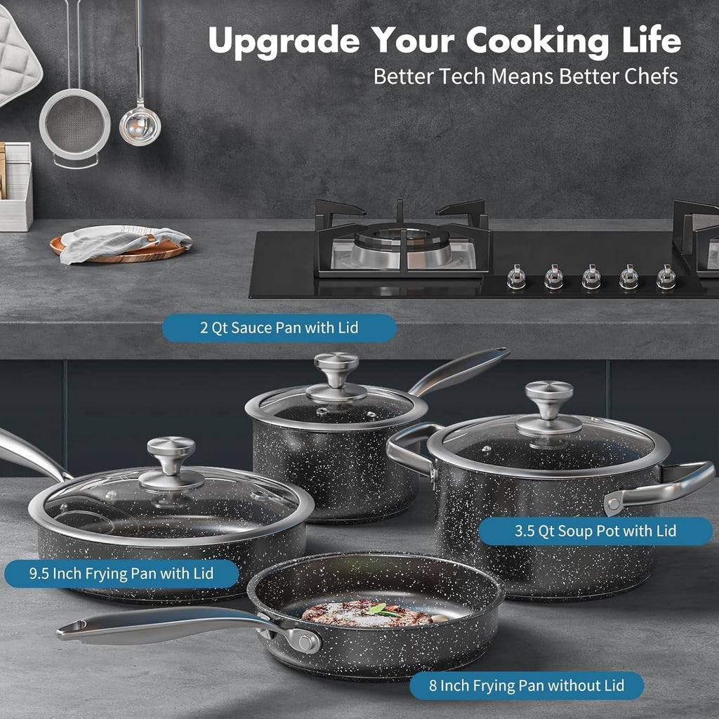 Stainless Steel Pots and Pans Set, 7-Piece Induction Hob Pan Set with Stay Cool Handles, Nonstick Saucepan Set Cooking Pans Set with Glass Lids, Black Granite Kitchen Cookware Set, for All Stove