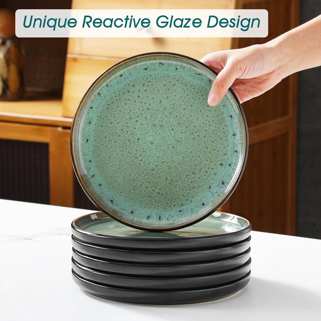 Amber 18 Pieces Dinner Set for 6, Reactive Glaze Stoneware Plates and Bowls Set, Green Crockery Set with Dinner Plates, Dessert Plates & Cereal Bowls, Microwave & Dishwasher Safe