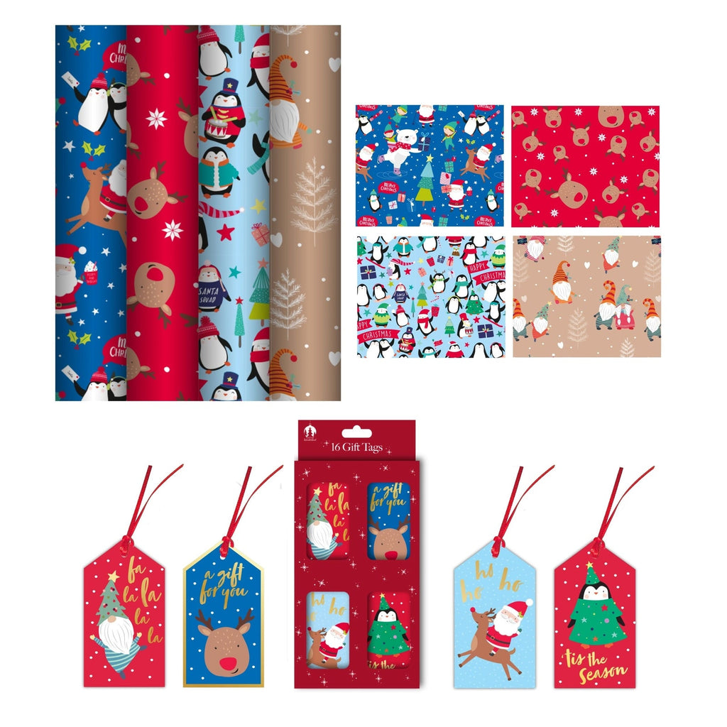 4 X 4M Cute Christmas Wrapping Paper Rolls Kids Xmas Gift Wrap & 16 Gift Tags