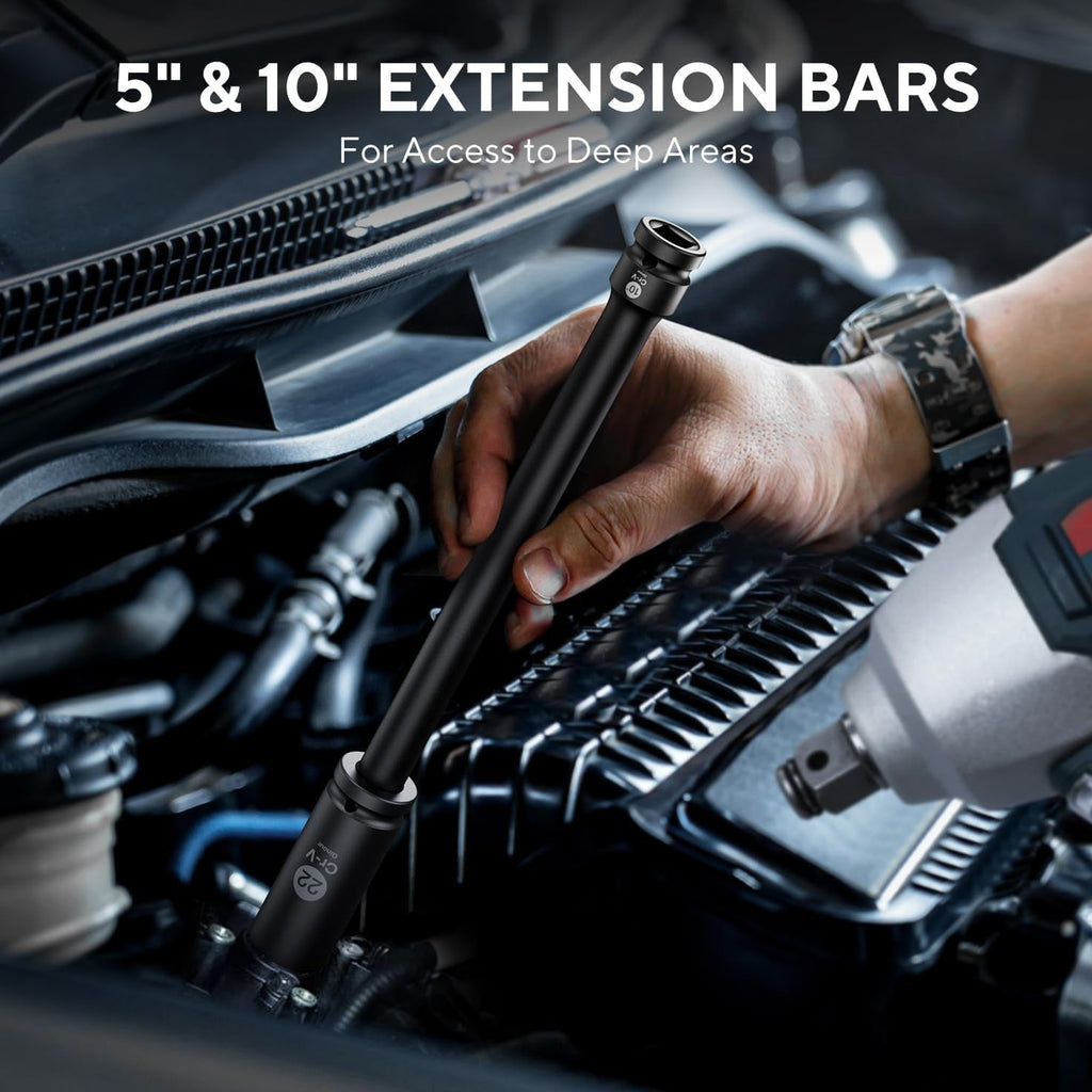 20Pcs Impact Socket Set 1/2 Inch, CR-V Drive Master Deep Impact Socket Set 8Mm - 24Mm, Metric, 6 Point, with 3Pcs Drive Impact Extension Bar Set 3", 5",10"