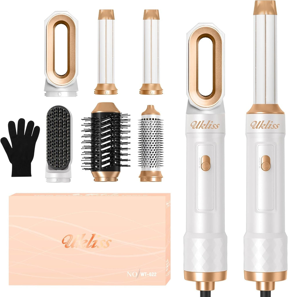6 in 1 Hair Styler,  Hair Dryer Brush with Automatic Hair Wrap Curler, Thermal Brush, Hot Airbrush Airstyler, Hair Straightener, Magic Styler Gift Set for Women Volume, Curls, Styling - White