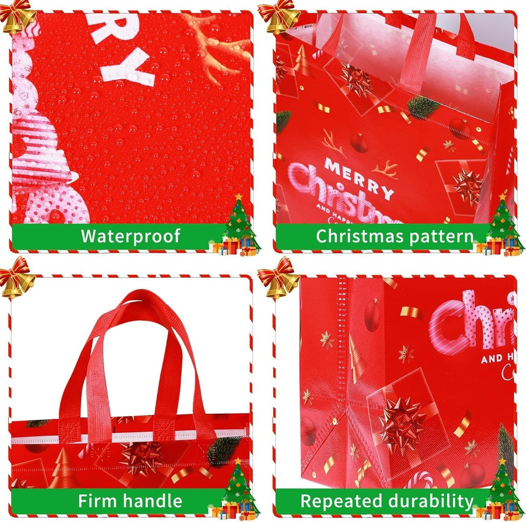 6 Pack Christmas Tote Bag, Extra Large Reusable Grocery Bag with Handle, Present