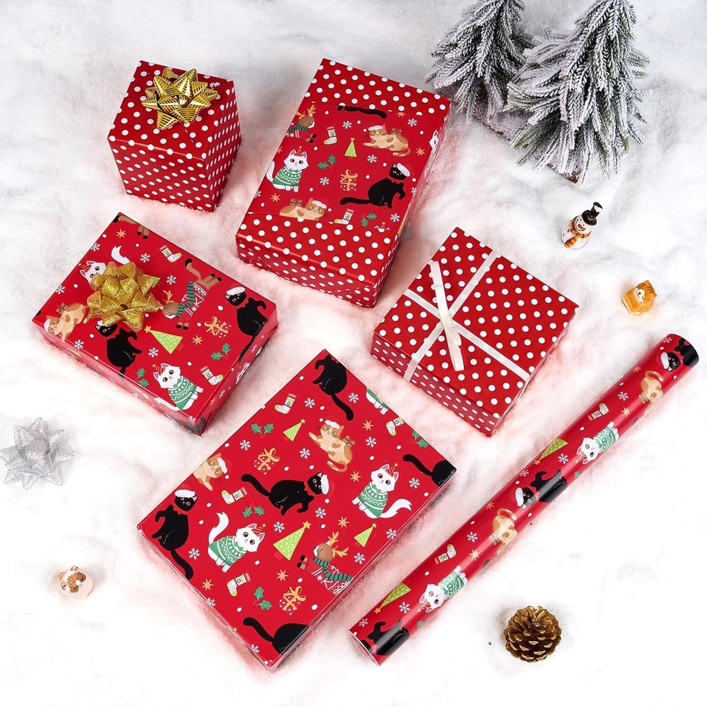 Christmas Cat Wrapping Paper - 1 Roll, 17” X 33 Ft, Red, Reversible Kitty Wrap Paper for Kids & Adults, Xmas Gift & Holiday Favor