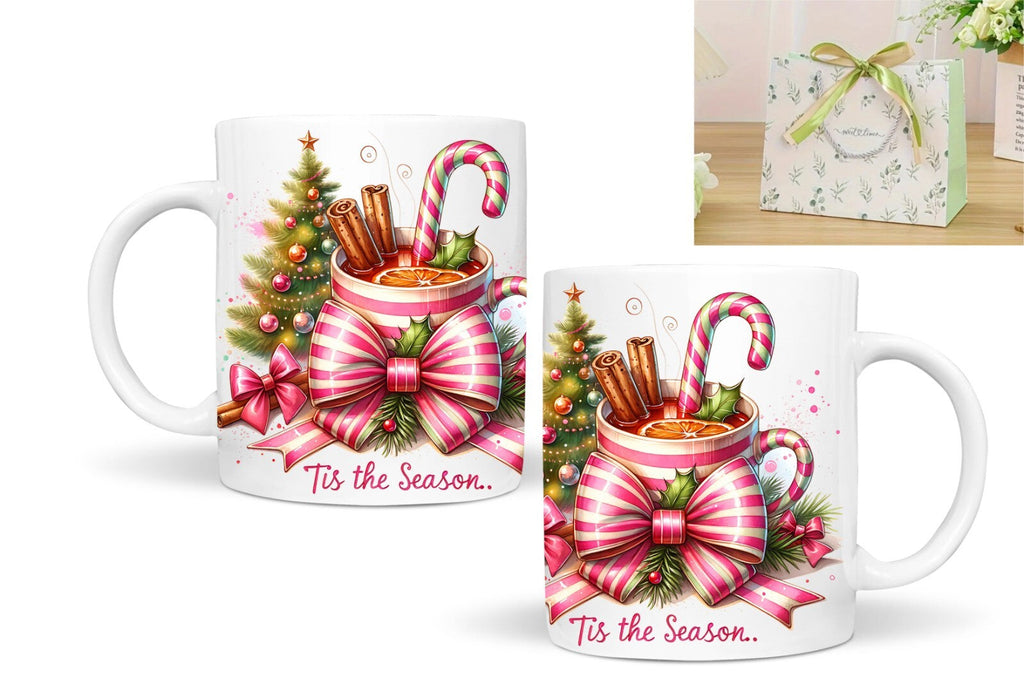 Retro Christmas Tis the Season Mug Gift 11 Oz Ceramic Hot Chocolate Coffee Tea