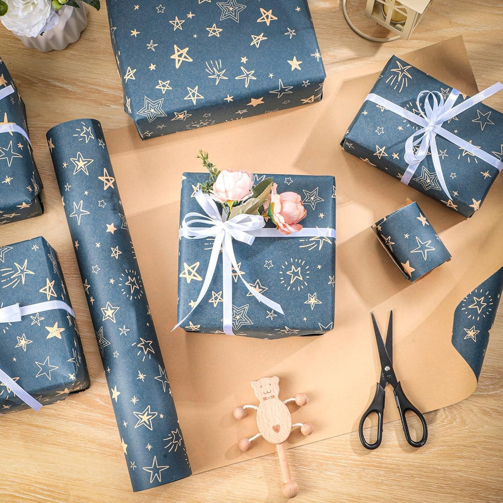 25M X 43Cm Gift Kraft Wrapping Paper Roll, Star Blue Birthday Wrapping Paper for Birthday Gift Wrap Wedding Baby Shower Party