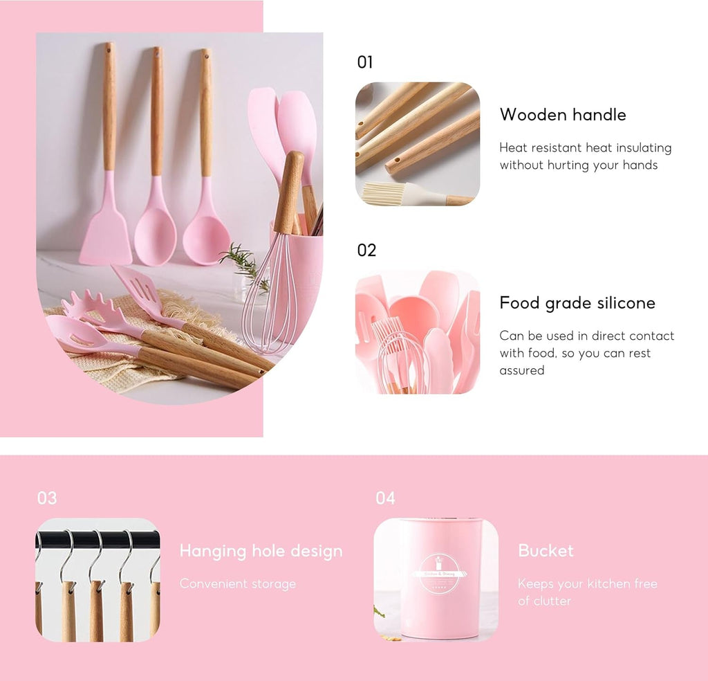 Kitchen Utensil Set, 12 PCS Silicone Cooking Utensils Set with Wooden Handle, Heat Resistant, Nonstick Cookware Tongs Spatula Spoon Set, Silicone Kitchen Utensils Set Suitable for Kitchen(Pink)