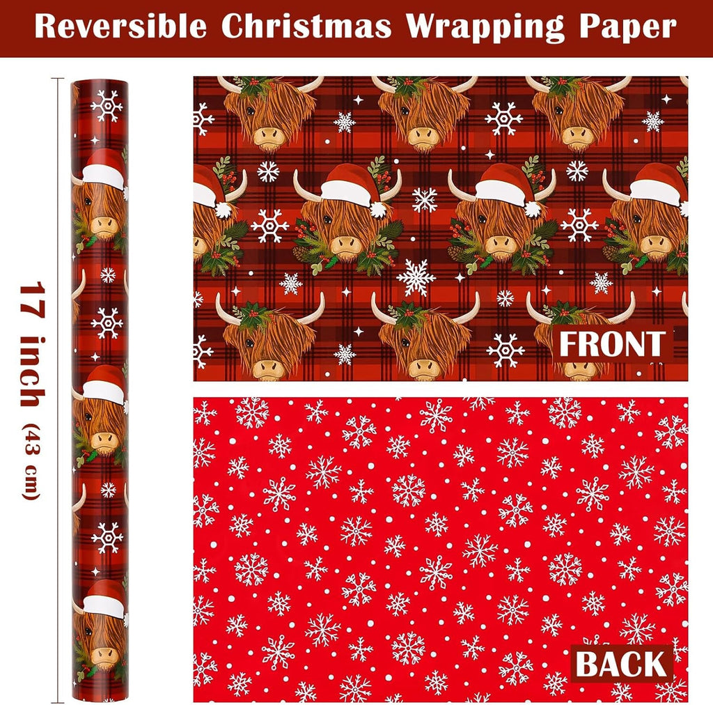 Reversible Cow Christmas Wrapping Paper - Mini Roll - 43.2Cm X 10M - Highland Cow and Snowflake Wrapping Paper for Xmas, Party Celebration