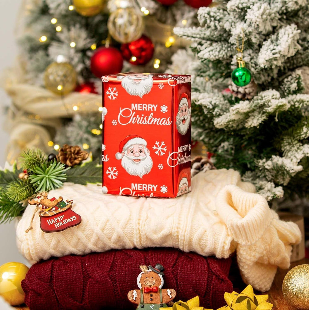 Christmas Wrapping Paper Roll - 43Cm X 10M Red White Metallic Foil Shine Cute Present Packing Paper - Santa Claus/Snowflakes/Merry Christmas Lettering Design