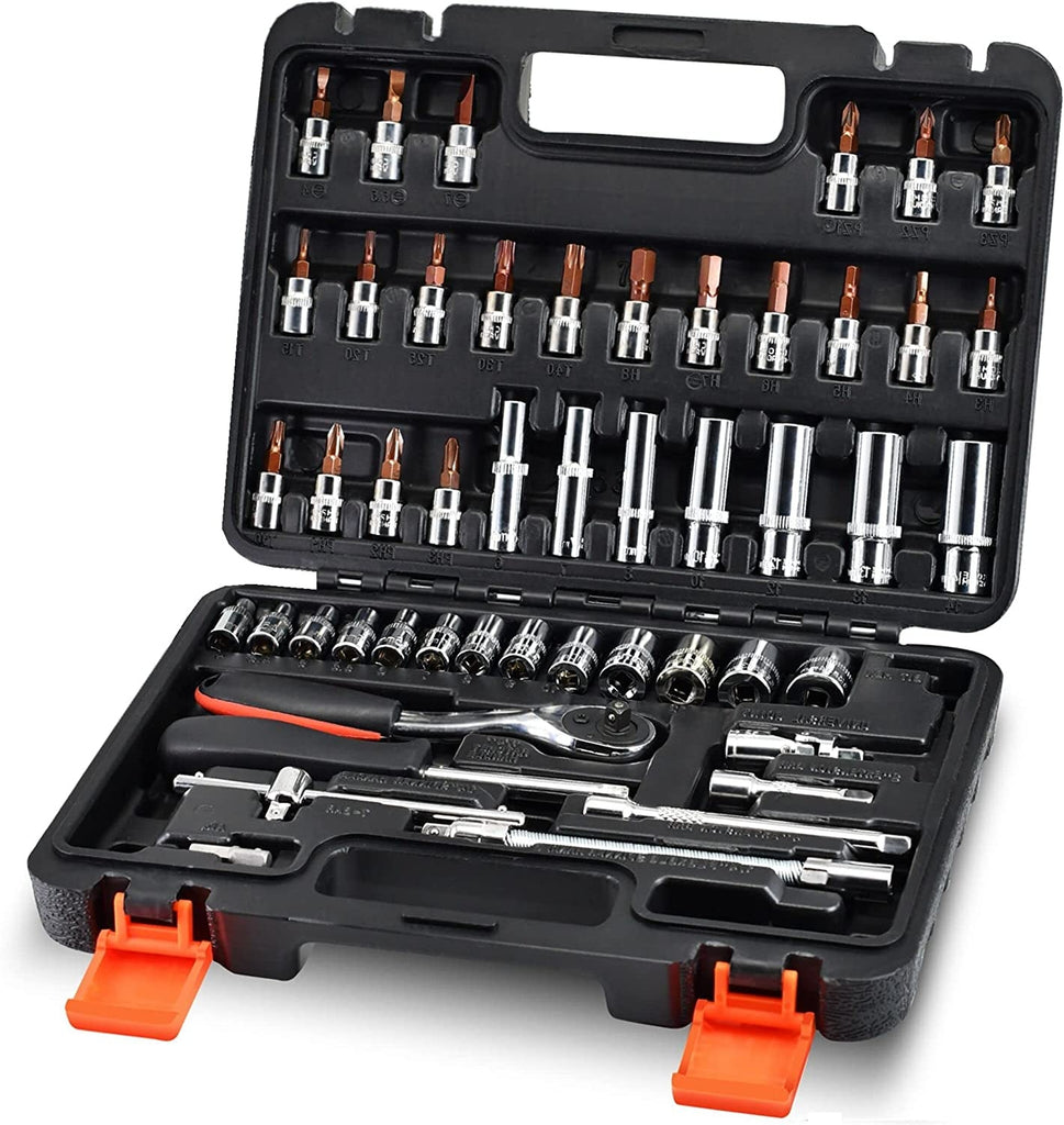 53-Piece 1/4" Socket Set,Driver Bits Metric Tool Set,72 Teeth Quick Release Ratchet Wrench Set with Flexible Extension Rods,S2 Screwdriver Bit,Crv Sockets/Deep Sockets,Tool for Car Bicycle Repair&Diy