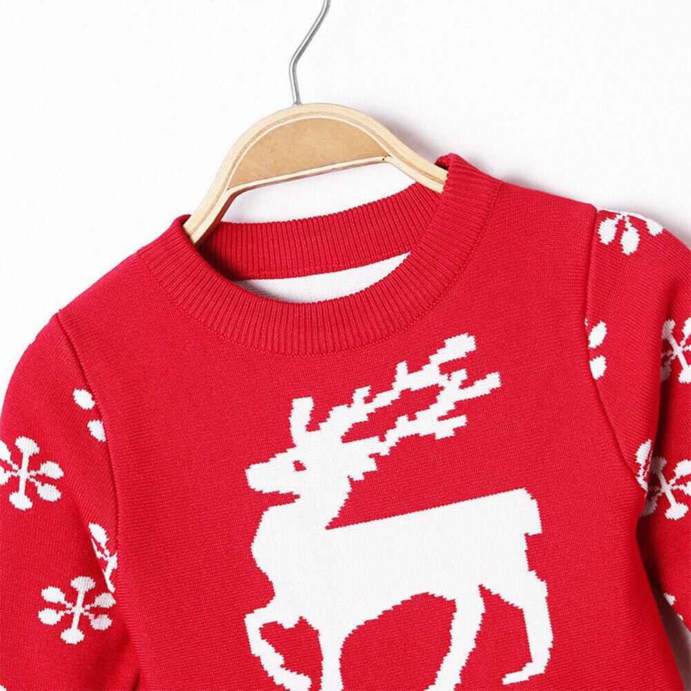 UK Kids Girls Christmas Elk Knitted Sweater Winter Warm Long Sleeve Jumper Dress