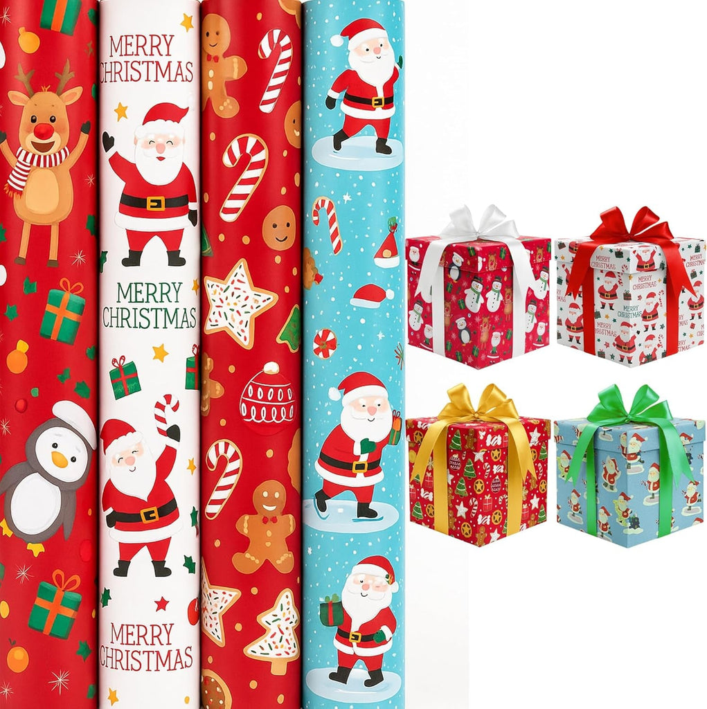 Christmas Wrapping Paper, 4 X 7M Rolls, Cute Xmas Characters, for Gifts & Festive Decoration