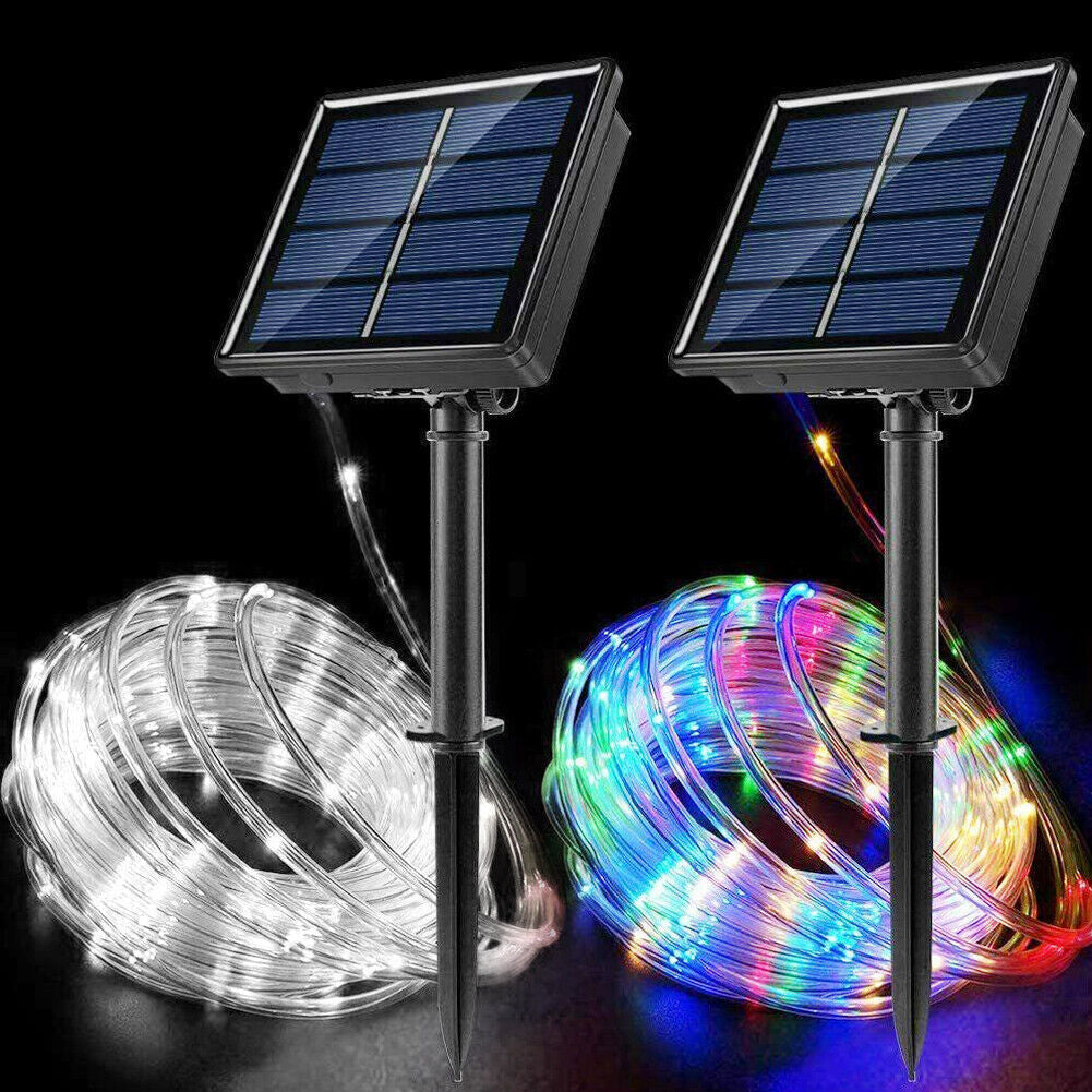 12M 100 LED Solar Rope Tube String Fairy Lights Strip Waterproof Garden Outdoor