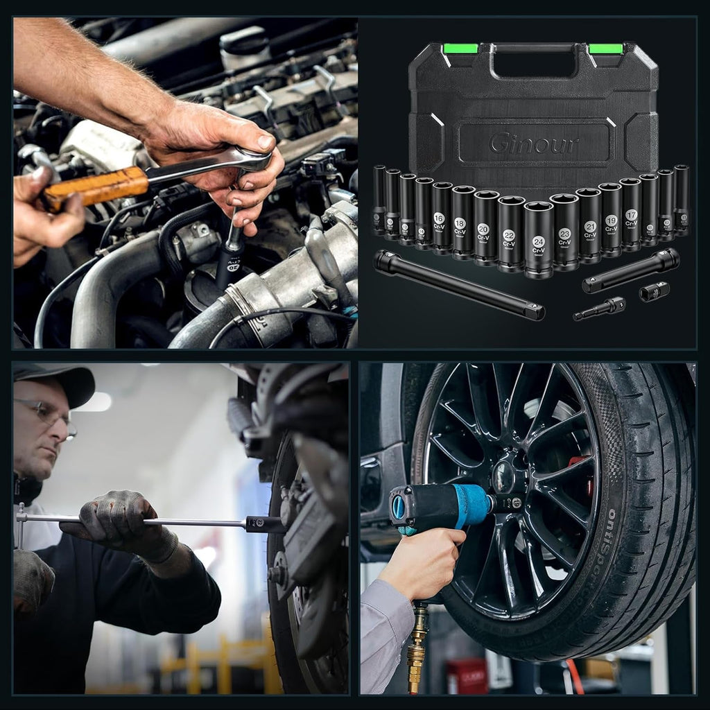20Pcs Impact Socket Set 1/2 Inch, CR-V Drive Master Deep Impact Socket Set 8Mm - 24Mm, Metric, 6 Point, with 3Pcs Drive Impact Extension Bar Set 3", 5",10"
