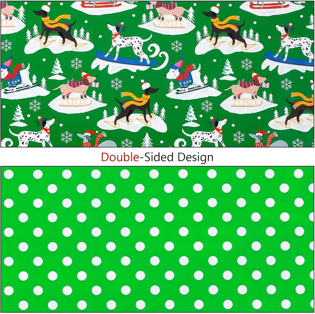 Reversible Christmas Wrapping Paper Roll - 43Cm X 10M Cute Green Presents Packing Paper - Funny Dog/Christmas Tree/Snowflakes/Polka Dots Design