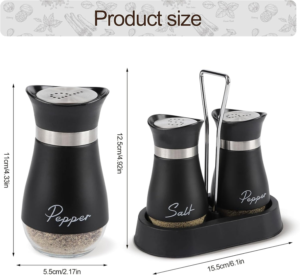 Salt and Pepper Sets,Salt and Pepper Shakers Sets with Holder,Set of 2 Stainless Steel and Glass Bottle Stainless Steel,Salt Shaker Dispenser for Cooking, BBQ (Black)