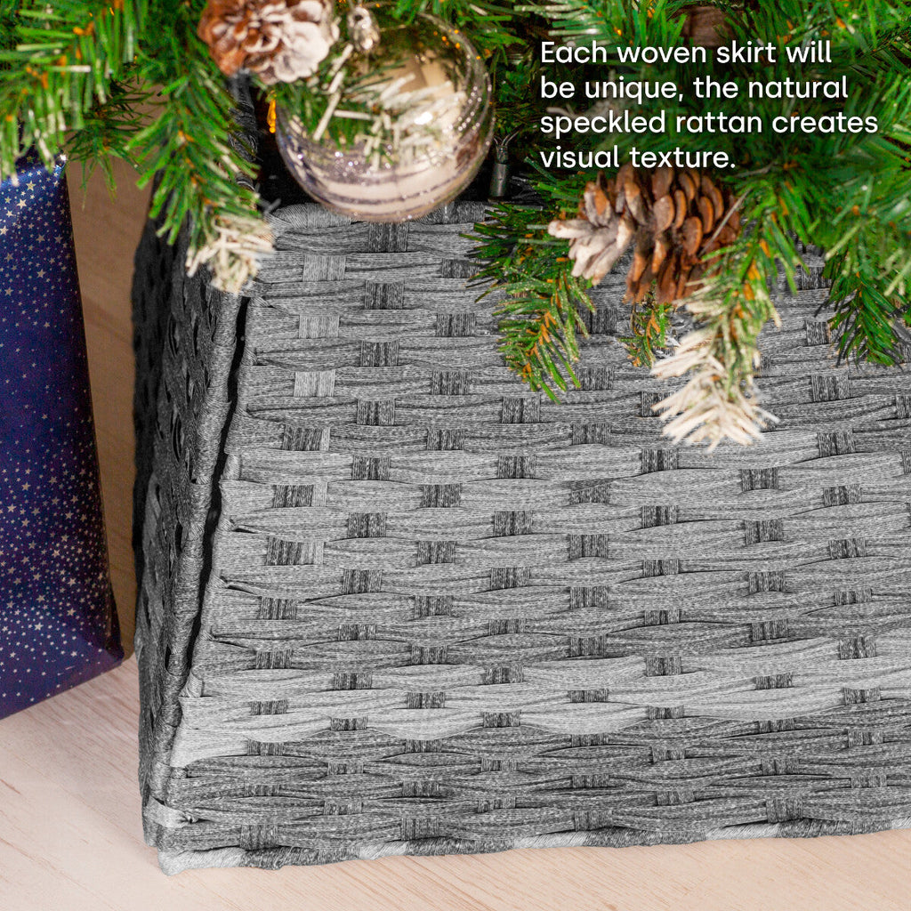 Xmas Christmas Tree Rattan Wicker Skirt Stand Base Basket Cover Tidy Decor Grey