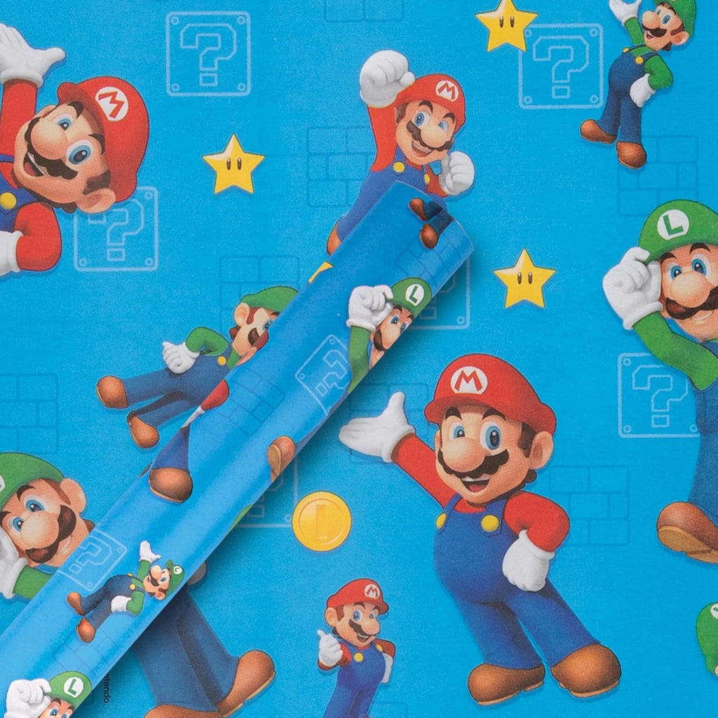 6M Wrapping Paper, Pack of 3, Super Mario Bros., Mario & Luigi, 2M Each, Birthday, Christmas, Blue
